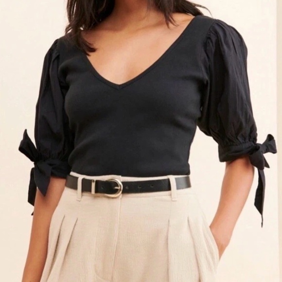 Maeve Tops - Maeve by Anthropologie black puff-sleeve black ribbed top MEDIUM